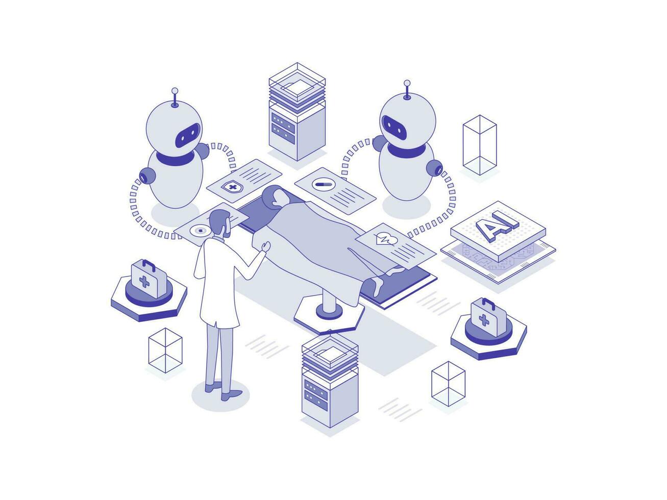 amning assistenter förbi robotik teknologi, bidrar till effektivitet och effektivitet av sjukvård tjänster. artificiell intelligens i sjukvård linjär isometrisk illustration. vektor