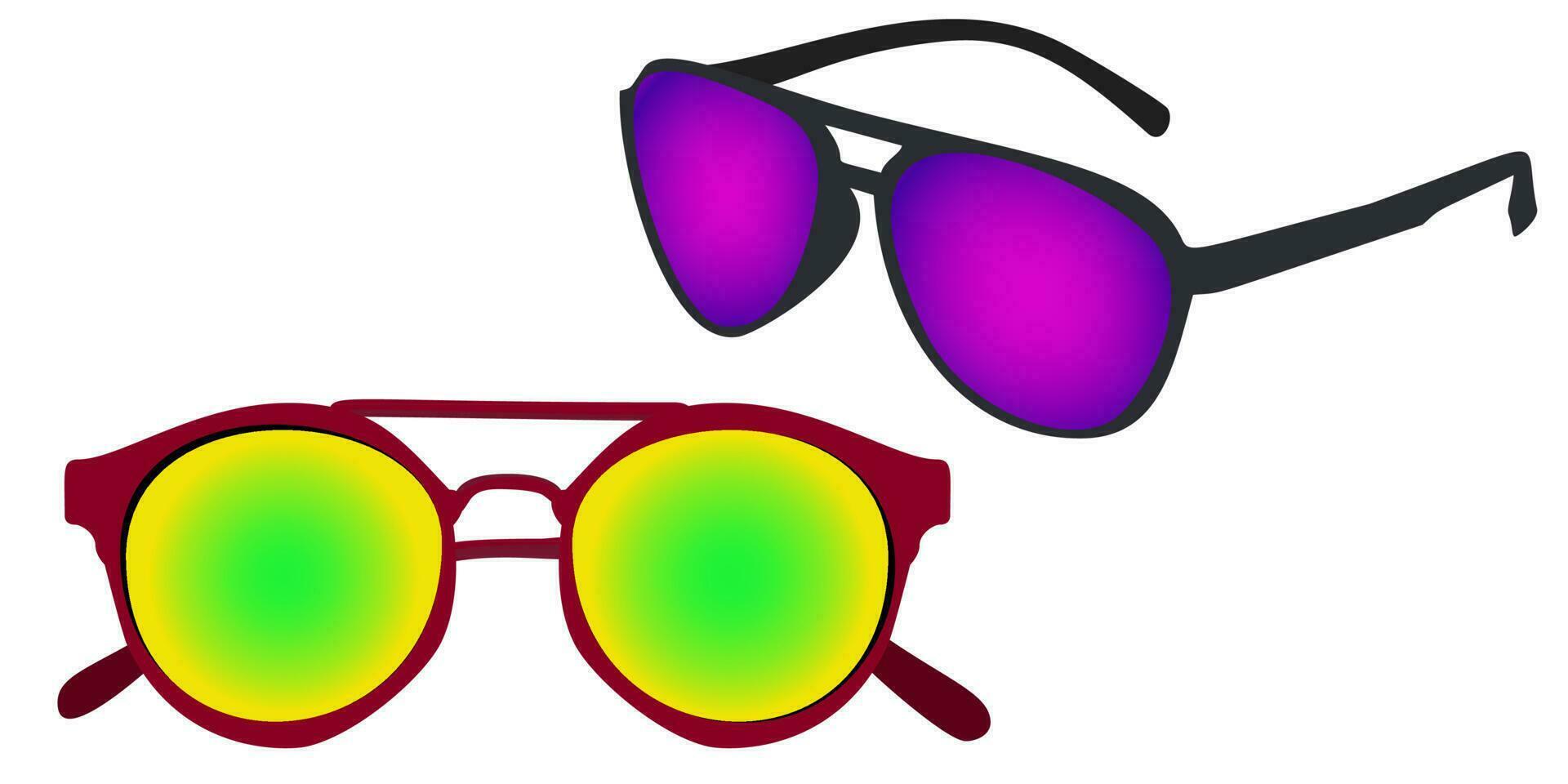 einstellen von zwei Sonnenbrille Jahrgang y2k violett lila Grün Gelb mit bunt transparent Linse. Vektor Illustration eps10