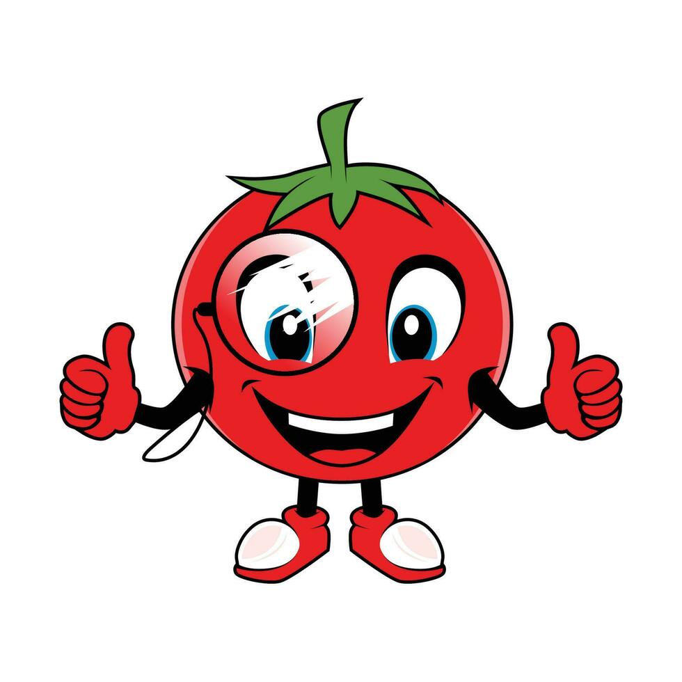 lächelnd Tomate Obst Karikatur Maskottchen mit Brille geben Daumen hoch. Vektor Illustration von rot Tomate Charakter mit verschiedene süß Ausdruck