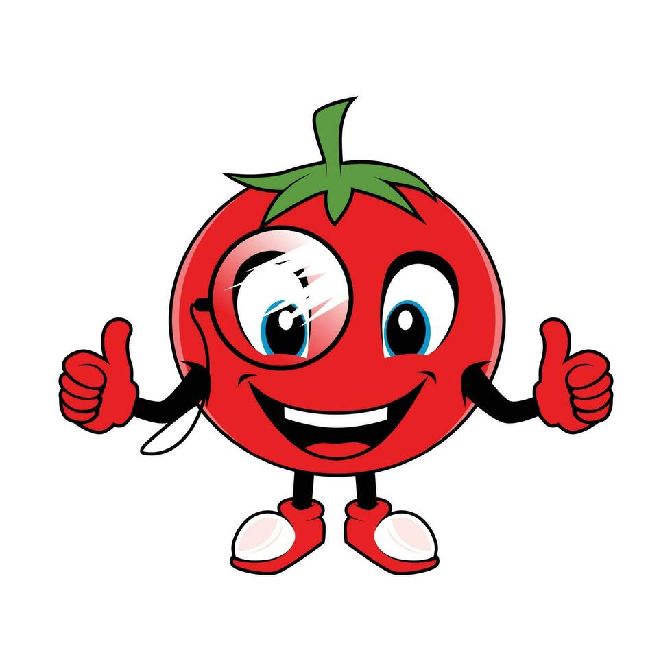 leende tomat frukt tecknad serie maskot med glasögon ger tummen upp. vektor illustration av röd tomat karaktär med olika söt uttryck