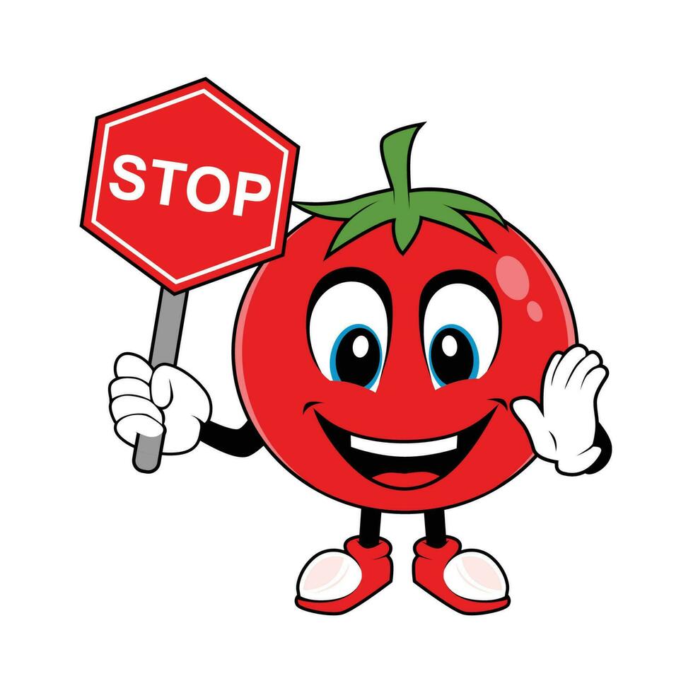 Tomate Obst Karikatur Maskottchen Maskottchen halten oben ein halt unterzeichnen. Vektor Illustration von rot Tomate Charakter mit verschiedene süß Ausdruck