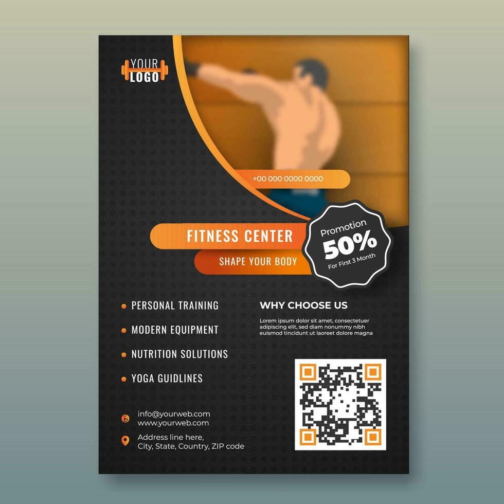 Fitness Center Netz Poster oder Vorlage Design mit Rabatt Angebot und Illustration Mann Fitness trainieren auf abstrakt Hintergrund. vektor