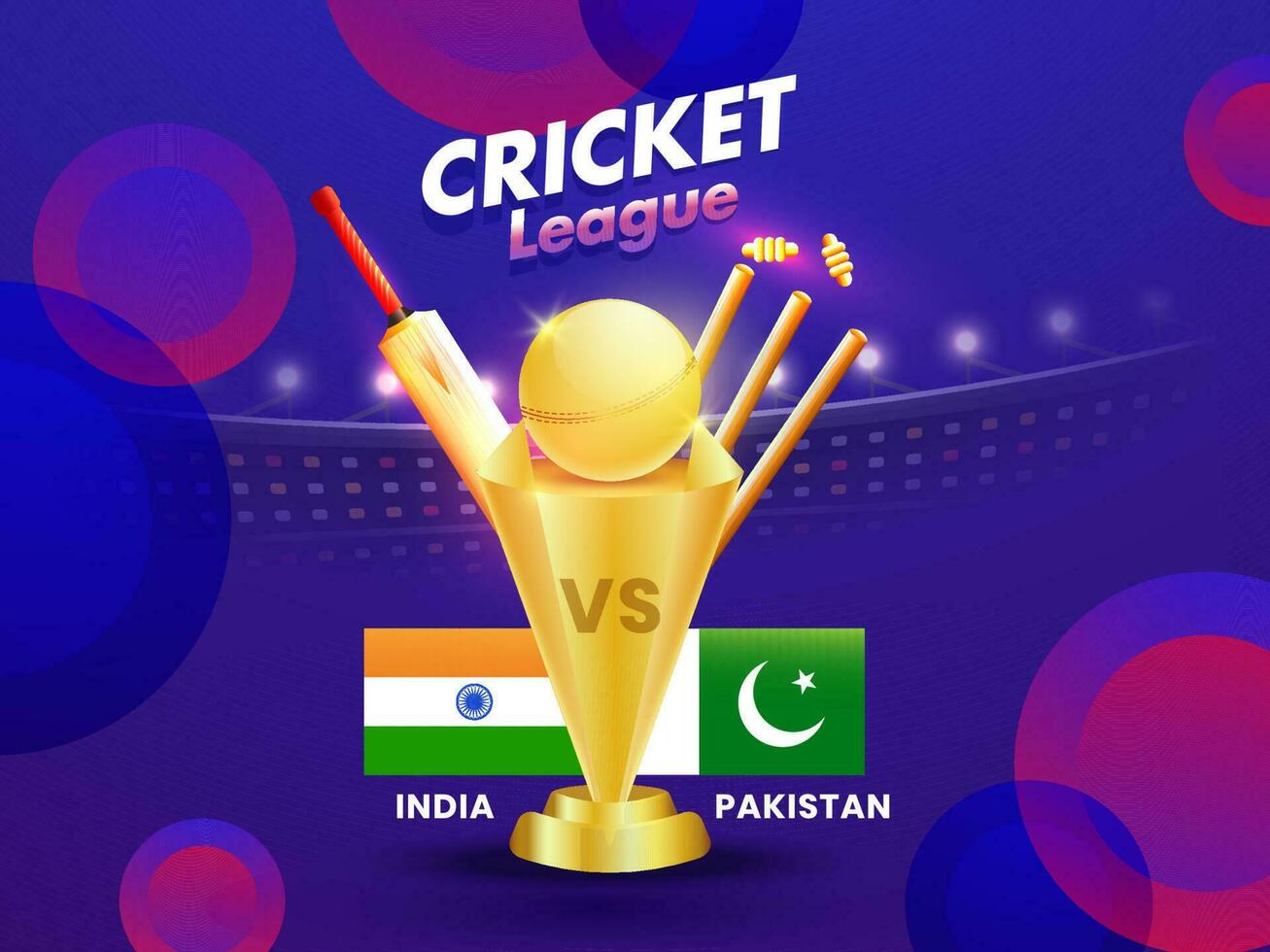 cricket liga affisch eller baner design med cricket Utrustning och mästerskap trofén av deltagarna lag Indien och pakistan. vektor