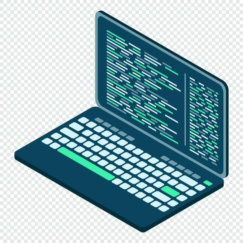 isometrisk bärbar dator. 3d isometrisk bärbar dator dator. abstrakt programmering språk och program koda på en bärbar dator skärm. vektor illustration