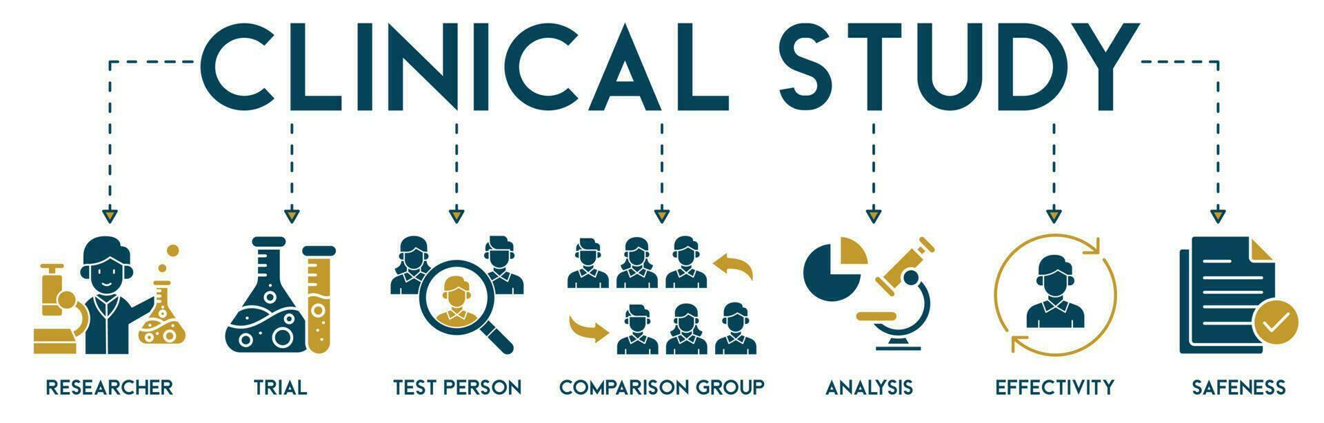 klinisch Studie Banner Netz Symbol Vektor Illustration Konzept zum klinisch Versuch Forschung mit ein Symbol von Forscher, Gerichtsverhandlung, Prüfung Person, Vergleich Gruppe, Analyse, Effektivität, und Sicherheit