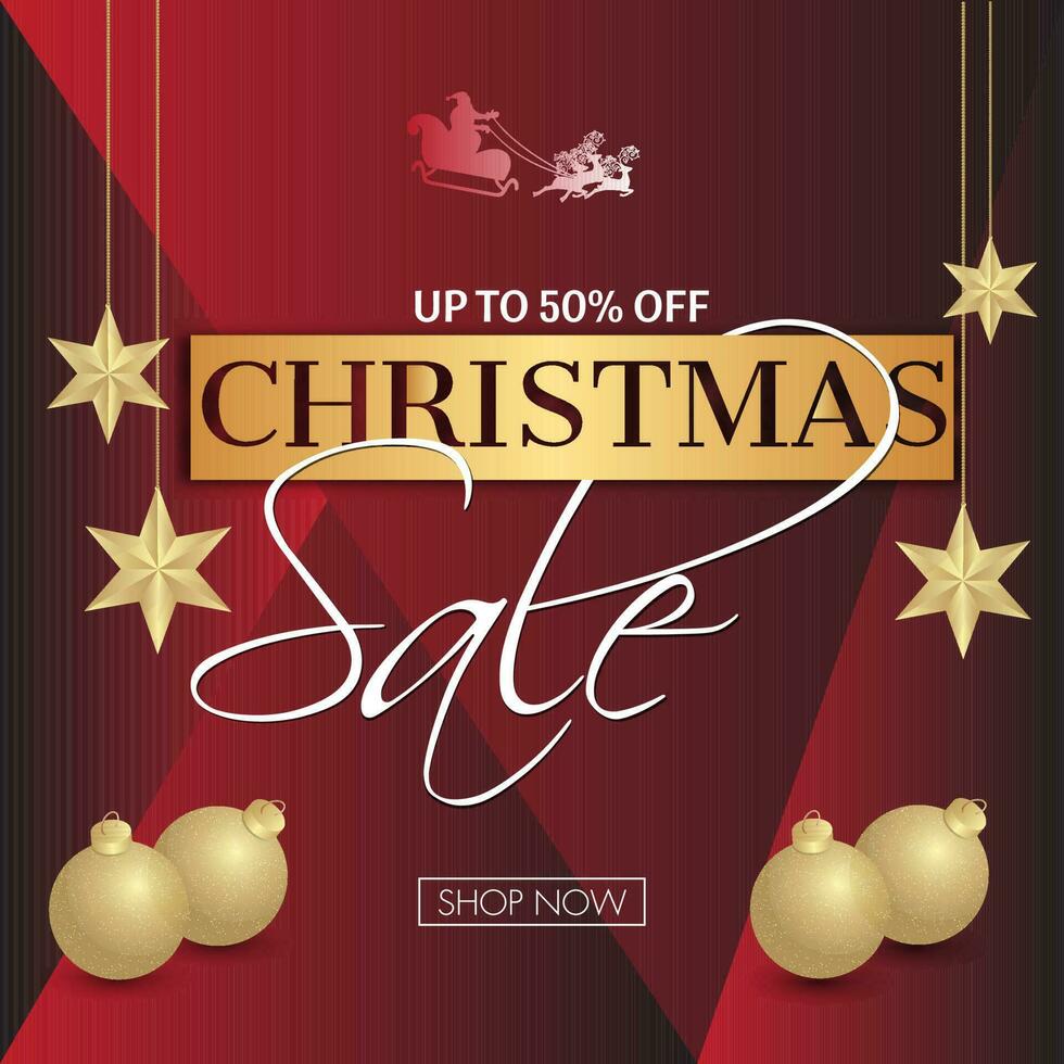 jul försäljning affisch eller mall design med rabatt erbjudande, gyllene struntsak bollar och hängande stjärnor dekorerad på vinröd bakgrund. vektor