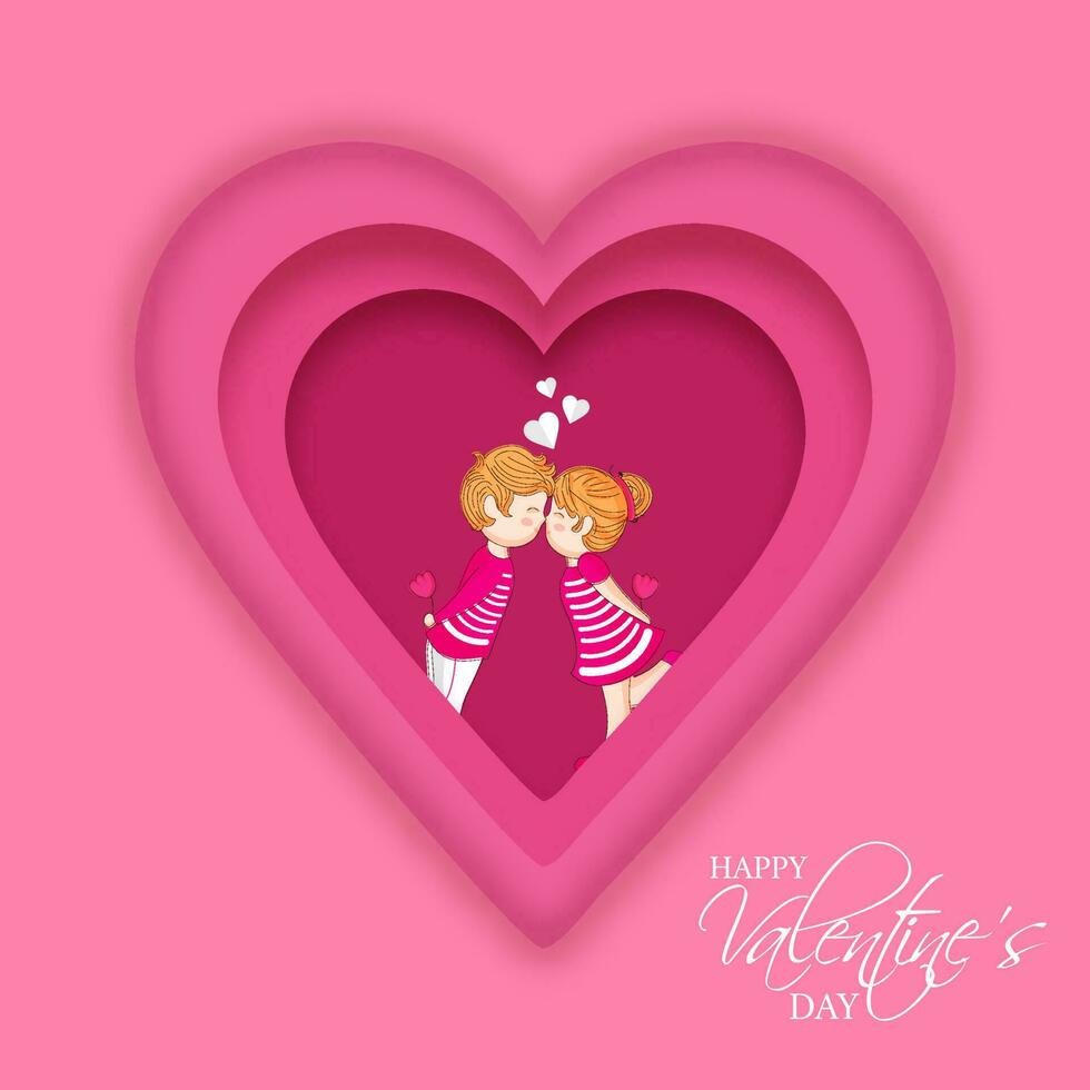 rosa hjärta form hälsning kort design med söt kärleksfull par karaktär på de tillfälle av Lycklig hjärtans dag. vektor