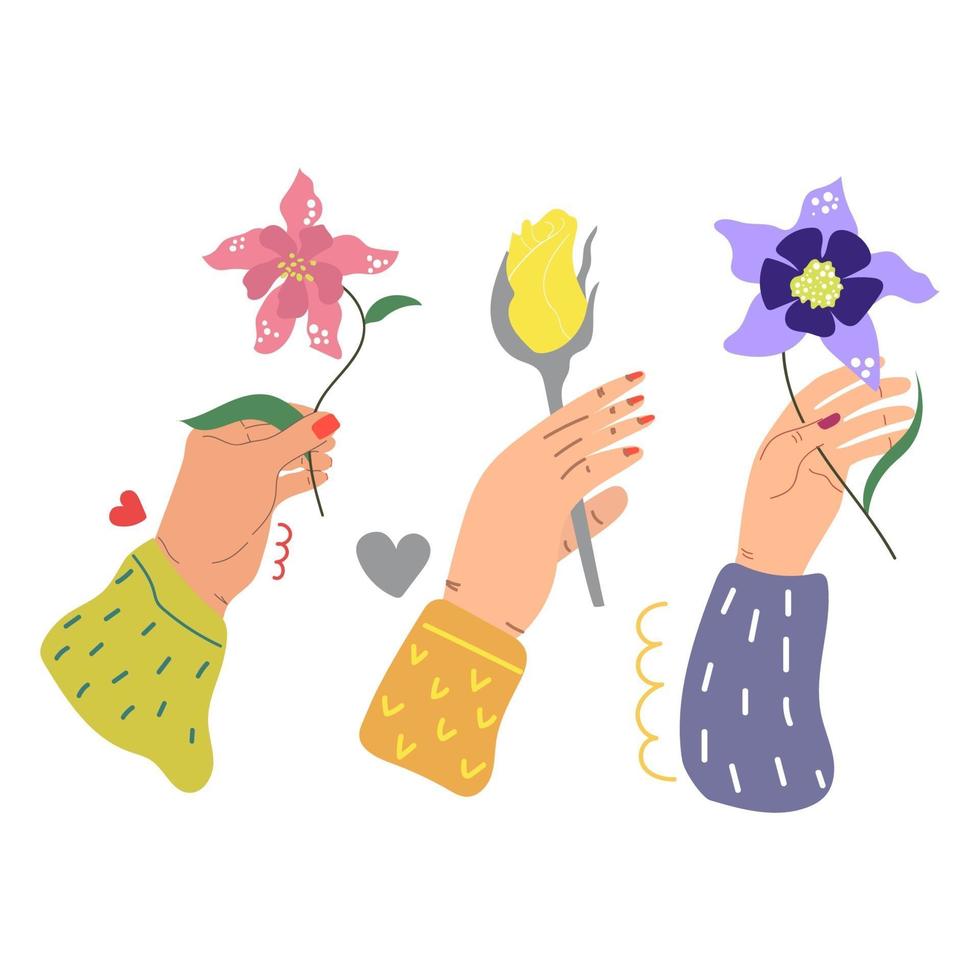 Schönheitshände, die Blumen handgezeichnete Illustration flaches Entwurfsgrußkonzept halten vektor