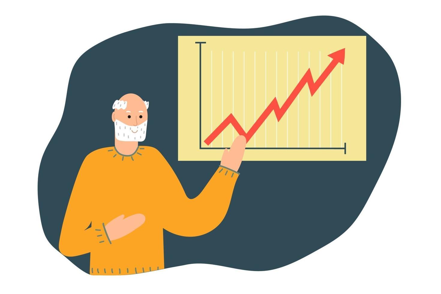 Der Rentner eines älteren Mannes zeigt eine grafische Darstellung der Finanzen vektor
