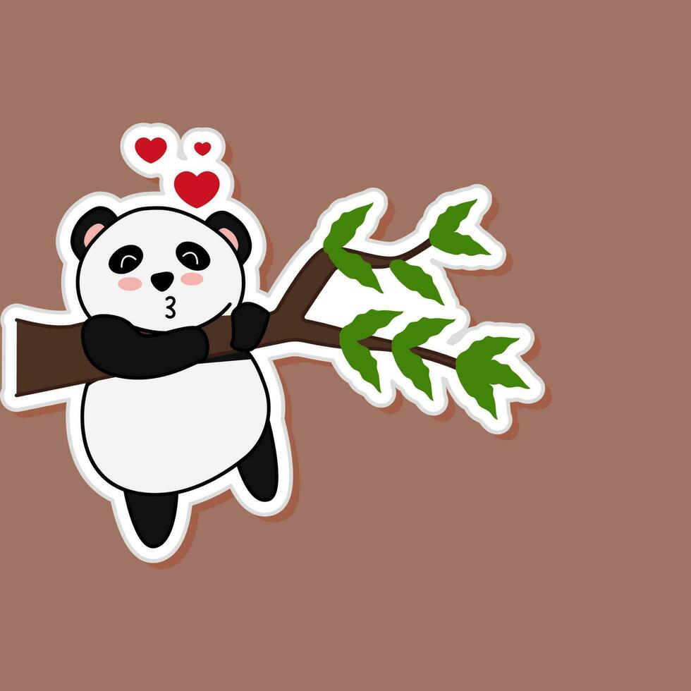 Aufkleber Stil Liebe im Panda hängend Ast gegen braun Hintergrund. vektor