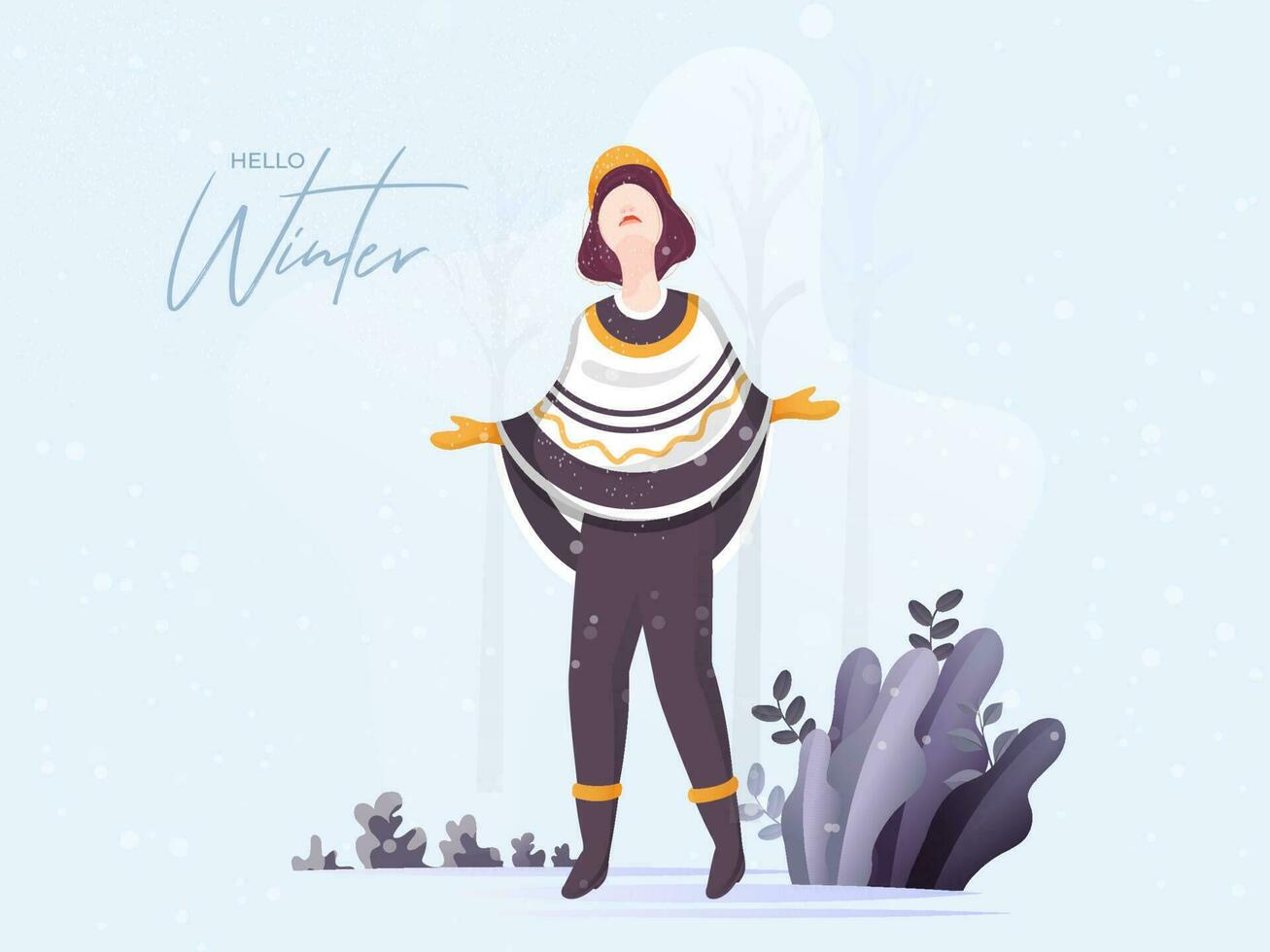 ansiktslös kvinna karaktär njuter vinter- säsong och löv på vit bakgrund för Hej vinter. vektor