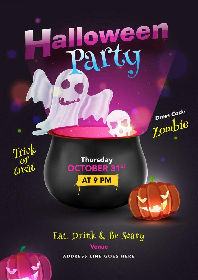 halloween fest inbjudan kort design med spöke, skalle, kittel och läskigt Pumpalykta på lila bokeh bakgrund. vektor
