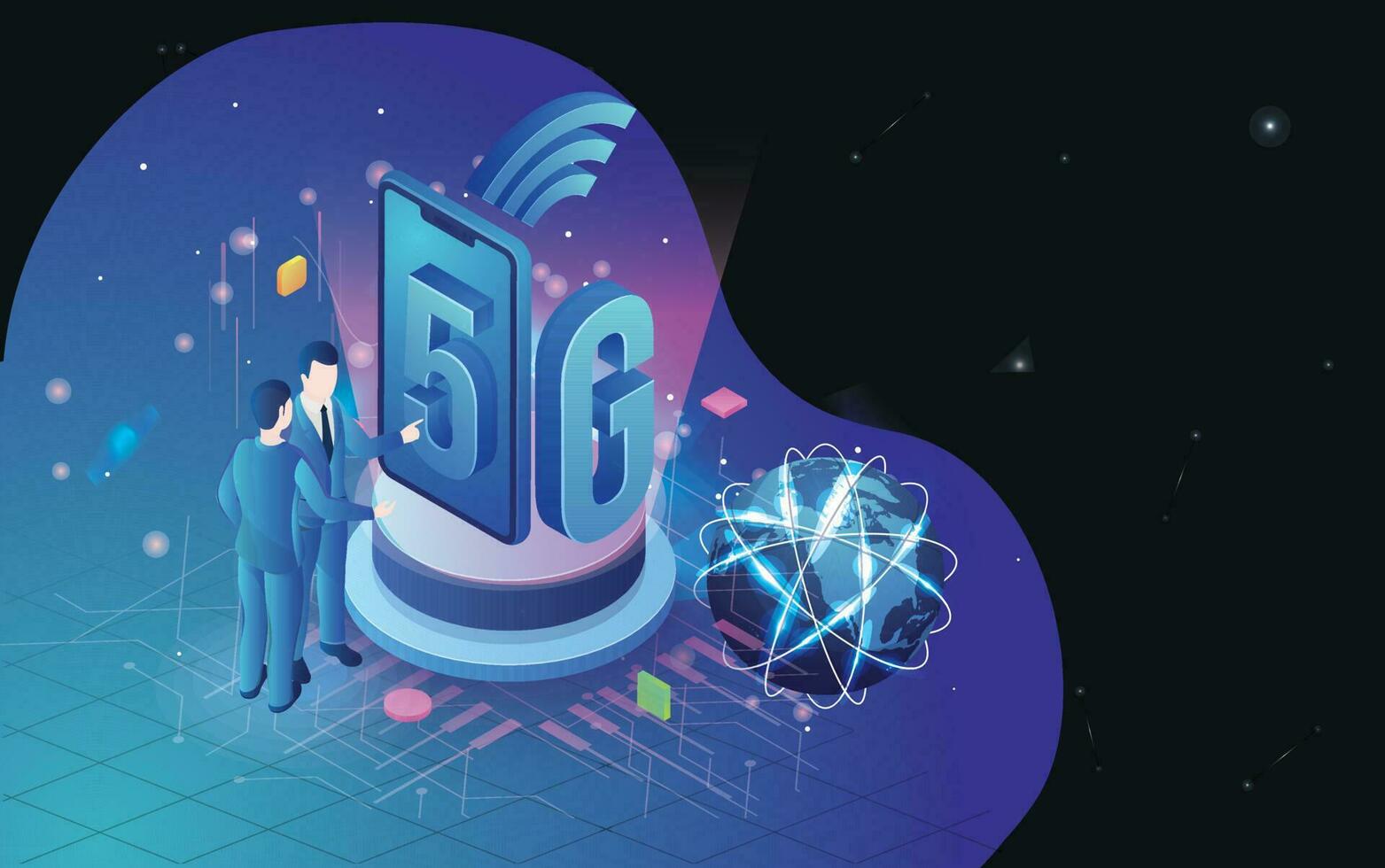 isometrisk illustration av ett ingenjör eller utvecklare slå fast trådlös 5g nätverk för internet nätverk anslutning begrepp. 3d mottaglig landning sida design. vektor