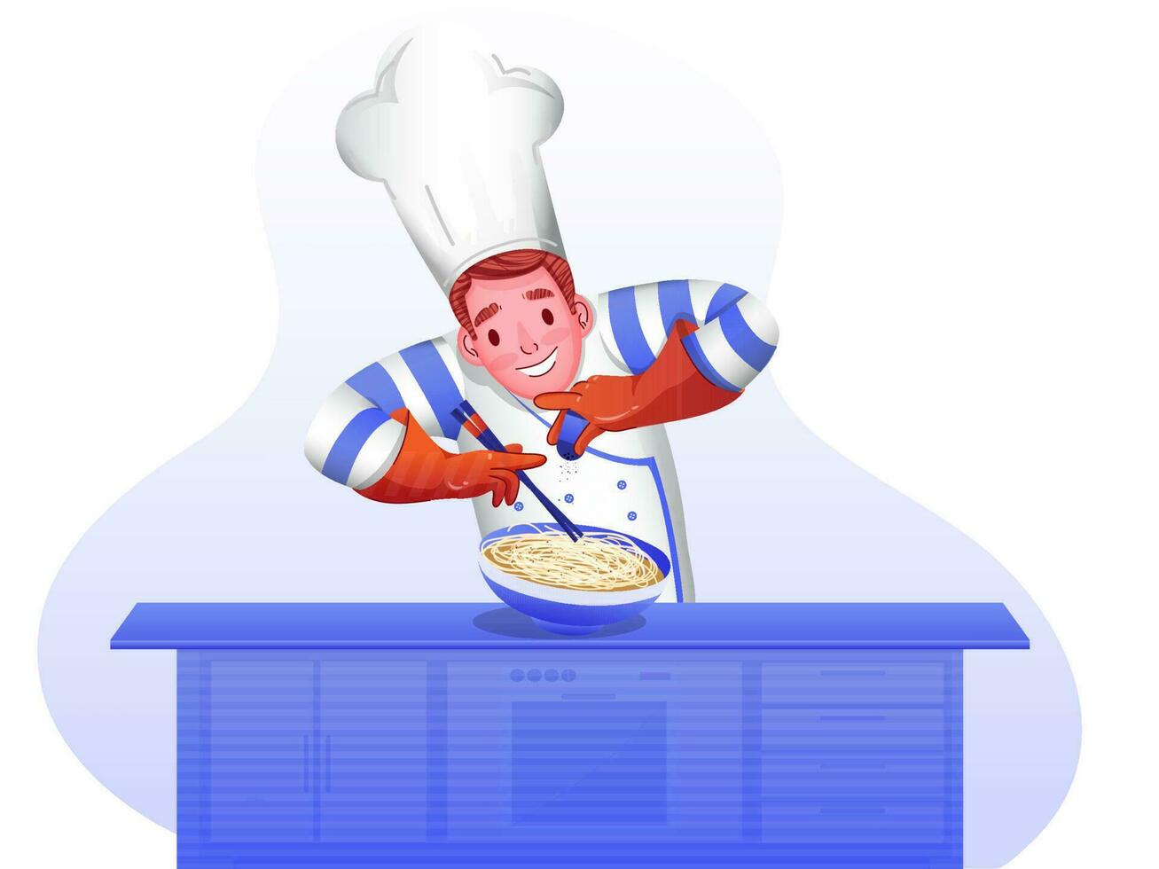 kock karaktär stänk i spaghetti på kök tabell. vektor