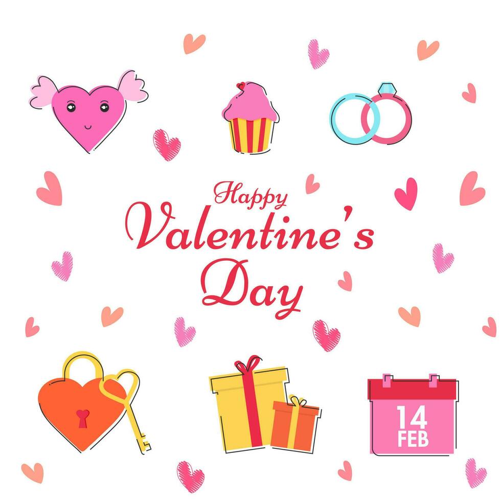 röd kalligrafi av Lycklig hjärtans dag med kärlek ängel, cupcake, ringar, hjärta låsa, gåva låda, kalender och mycket liten hjärtan dekorerad på vit bakgrund. vektor