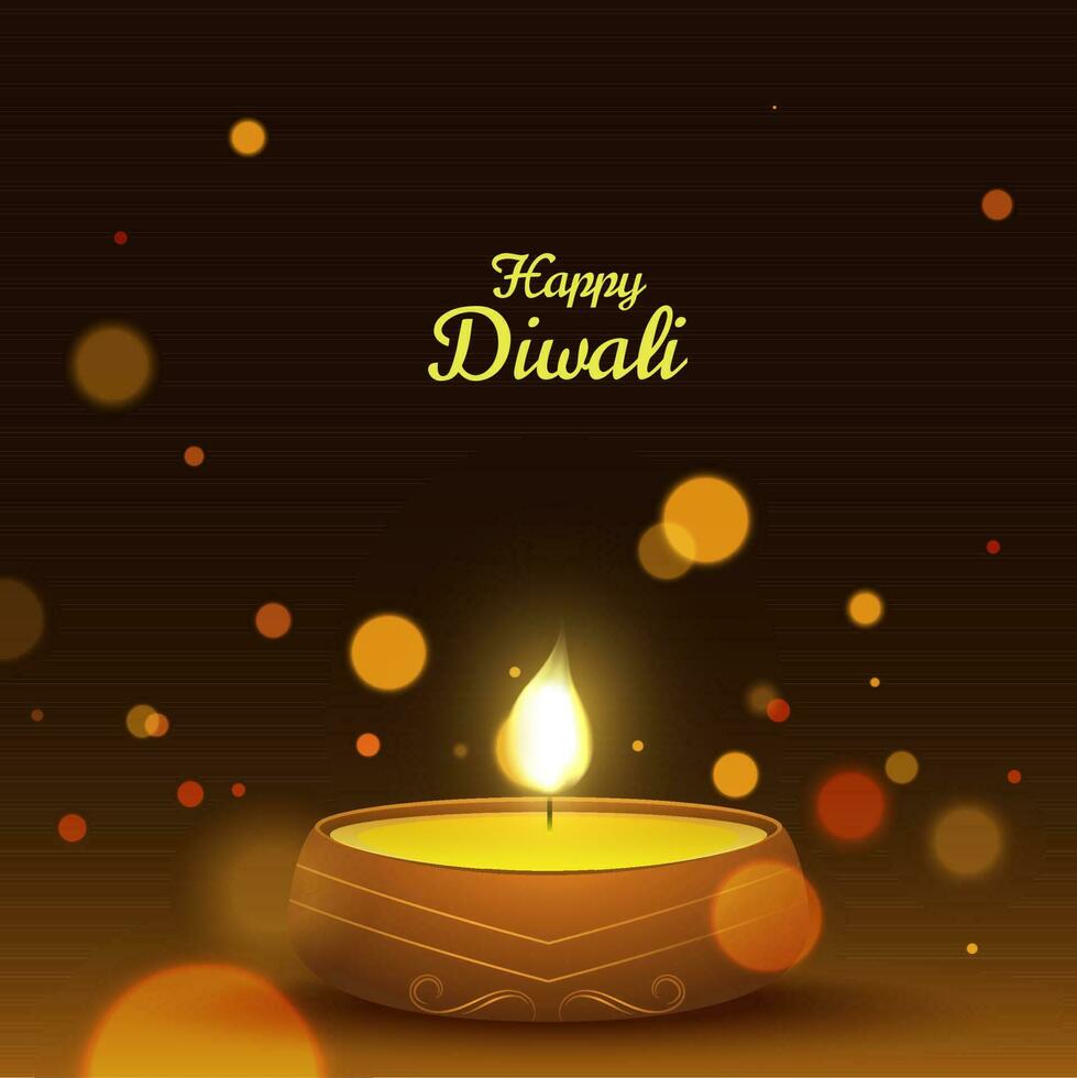 glücklich Diwali Gruß Karte Design mit beleuchtet Öl Lampe auf braun Bokeh Hintergrund zum Feier Konzept. vektor