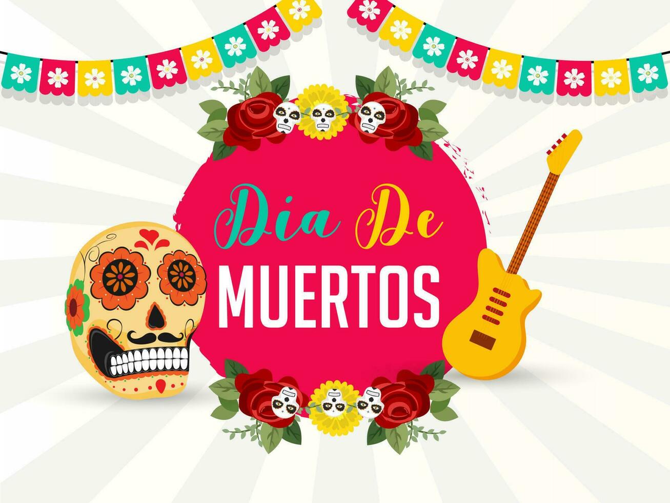 dia de muertos baner eller affisch design med utsmyckad skalle eller calaveras, gitarr och flaggväv flaggor dekorerad på vit strålar bakgrund. vektor