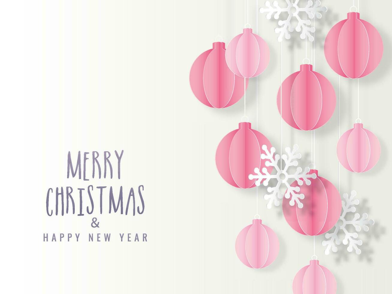 Papier Schnitt Kugeln hängen und Schneeflocke dekoriert auf Weiß Hintergrund zum fröhlich Weihnachten und glücklich Neu Jahr Feier. vektor