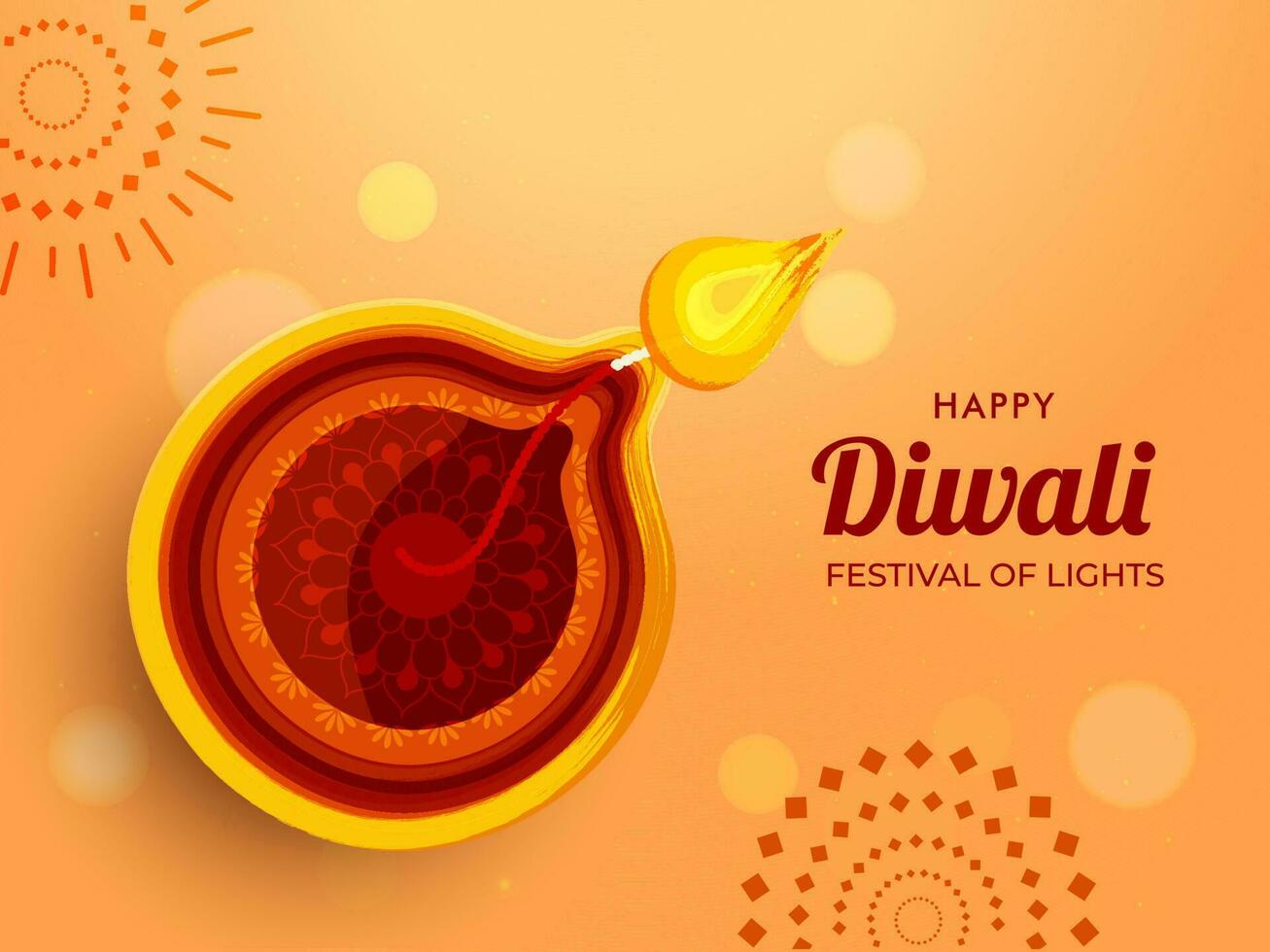 oben Aussicht von beleuchtet Öl Lampe auf Orange Bokeh Mandala Hintergrund zum glücklich Diwali, Festival von Beleuchtung Feier. vektor