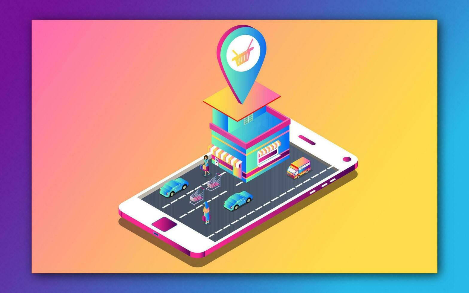 isometrisch Illustration von online Geschäft Ort App im Smartphone mit Transport Straße zum online Einkaufen oder Lieferung Konzept. vektor