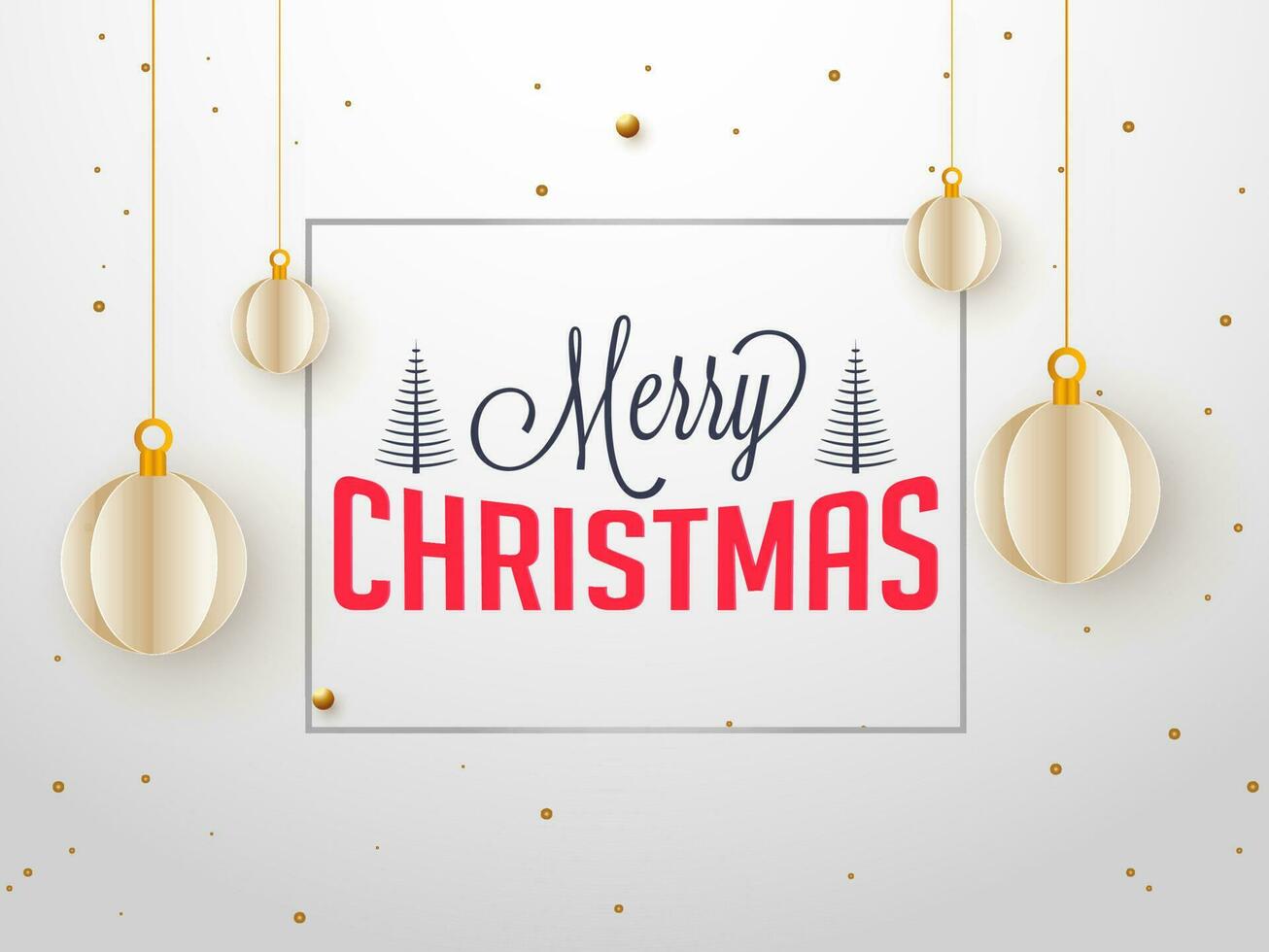 eleganta text av glad jul och hängande papper skära grannlåt på vit bakgrund kan vara Begagnade som hälsning kort design. vektor
