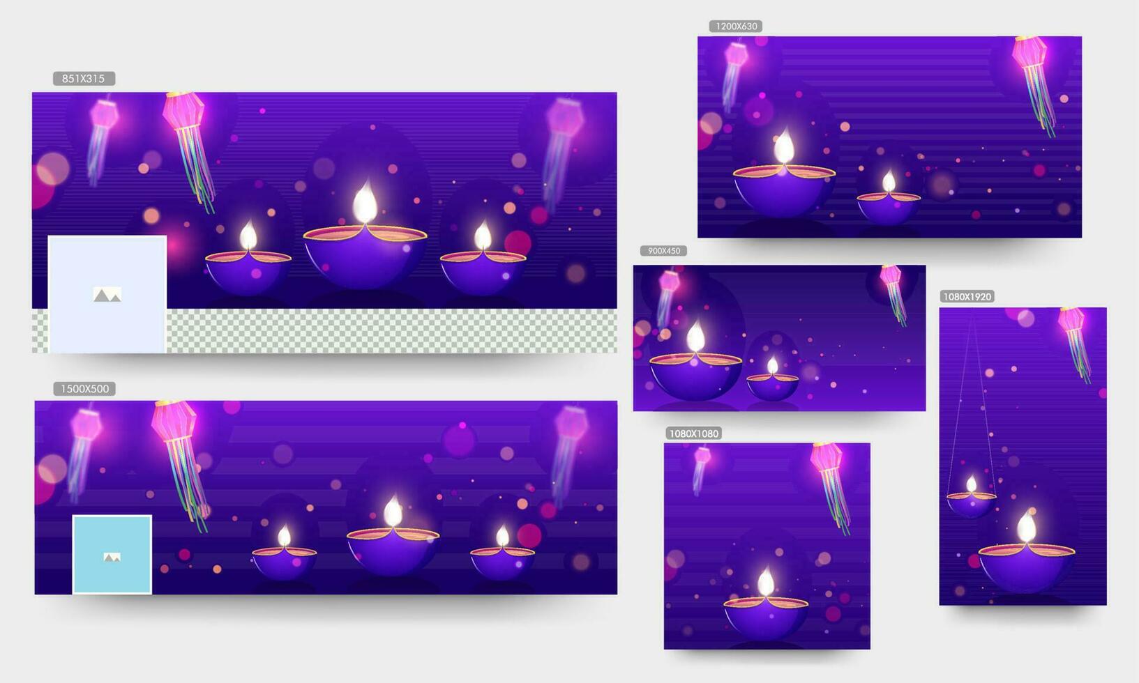 Sozial Medien Header, Poster oder Vorlage einstellen mit beleuchtet Öl Lampen und Papier Laternen auf lila Bokeh Hintergrund. vektor
