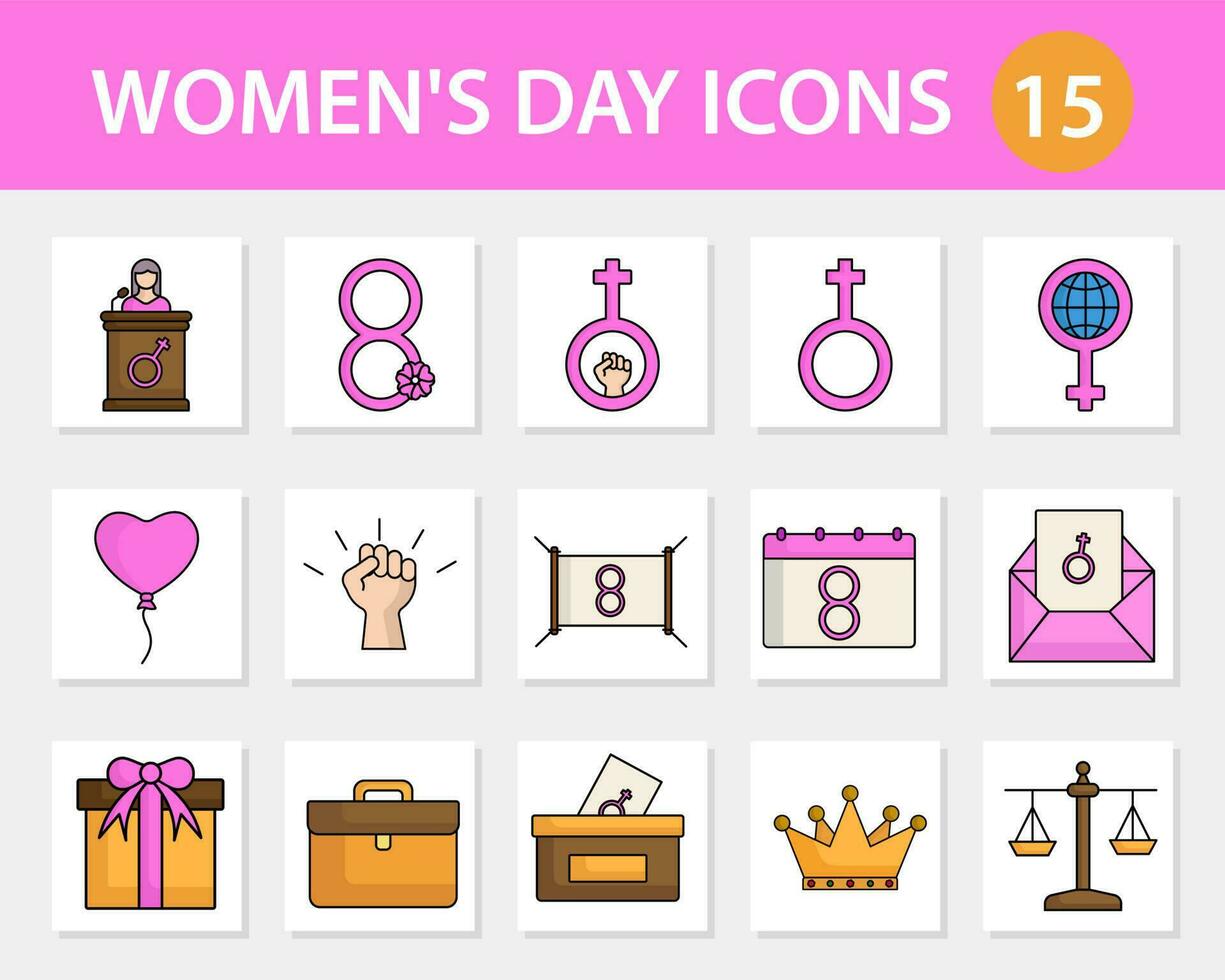 uppsättning av kvinnors dag firande 15 ikon eller symboler på fyrkant bakgrund. vektor