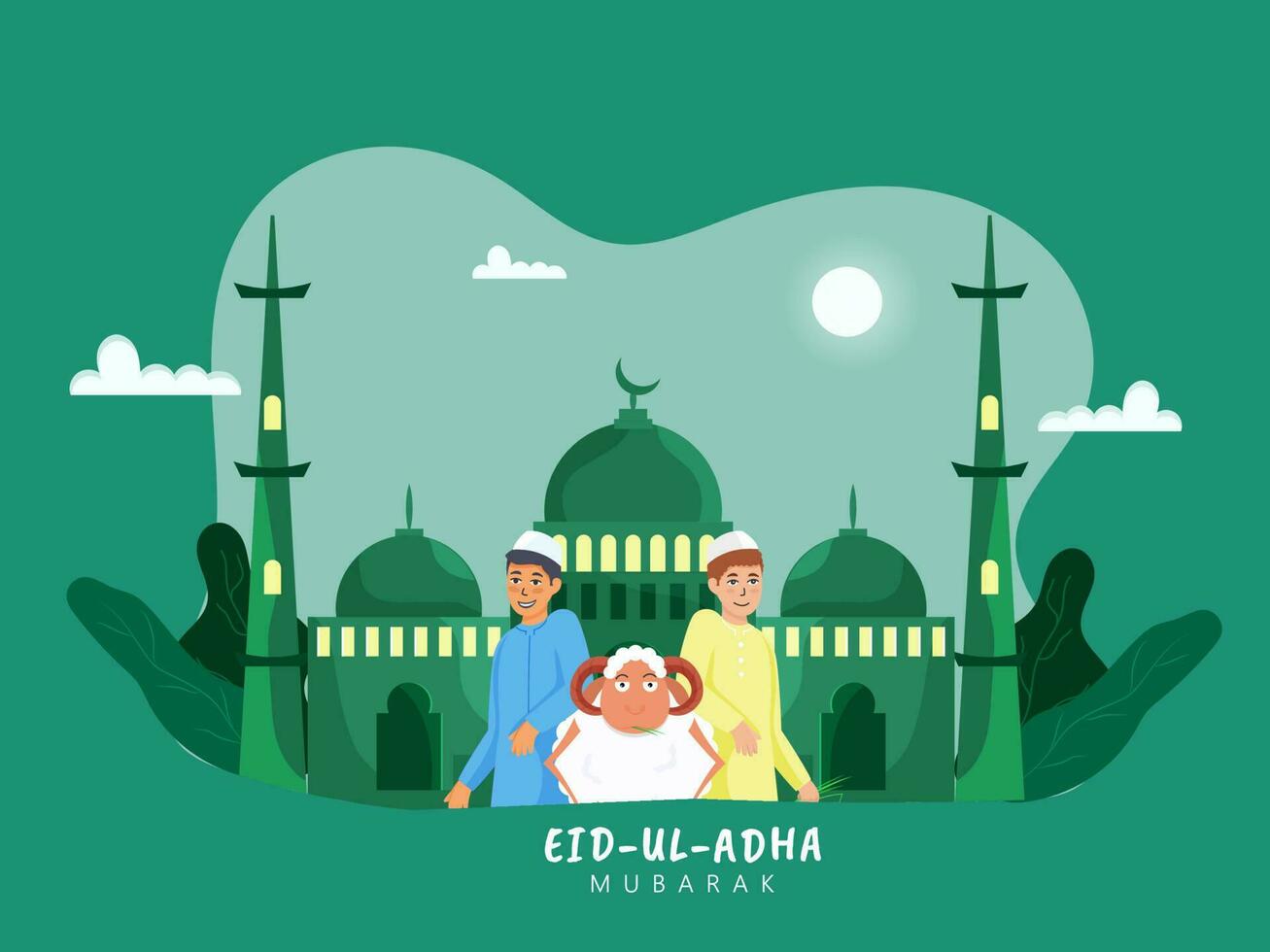 eid-ul-adha Mubarak Konzept mit Muslim jung Jungen, Karikatur Schaf und Moschee auf Abend Aussicht Grün Hintergrund. vektor