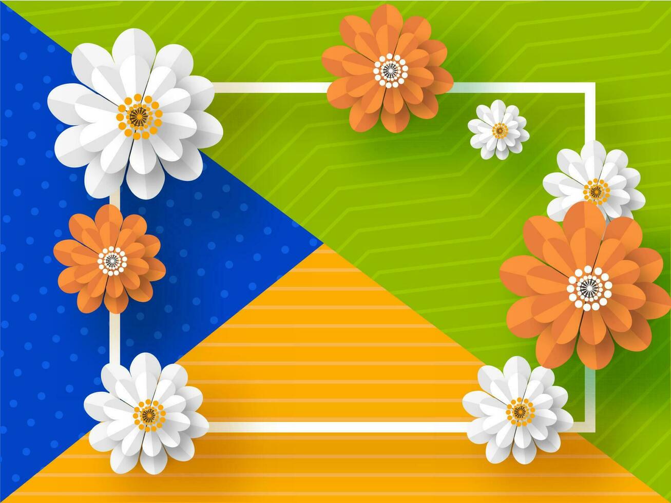 Safran und Weiß Papier Schnitt Blumen dekoriert Rechteck Rahmen auf bunt abstrakt Muster Hintergrund. vektor