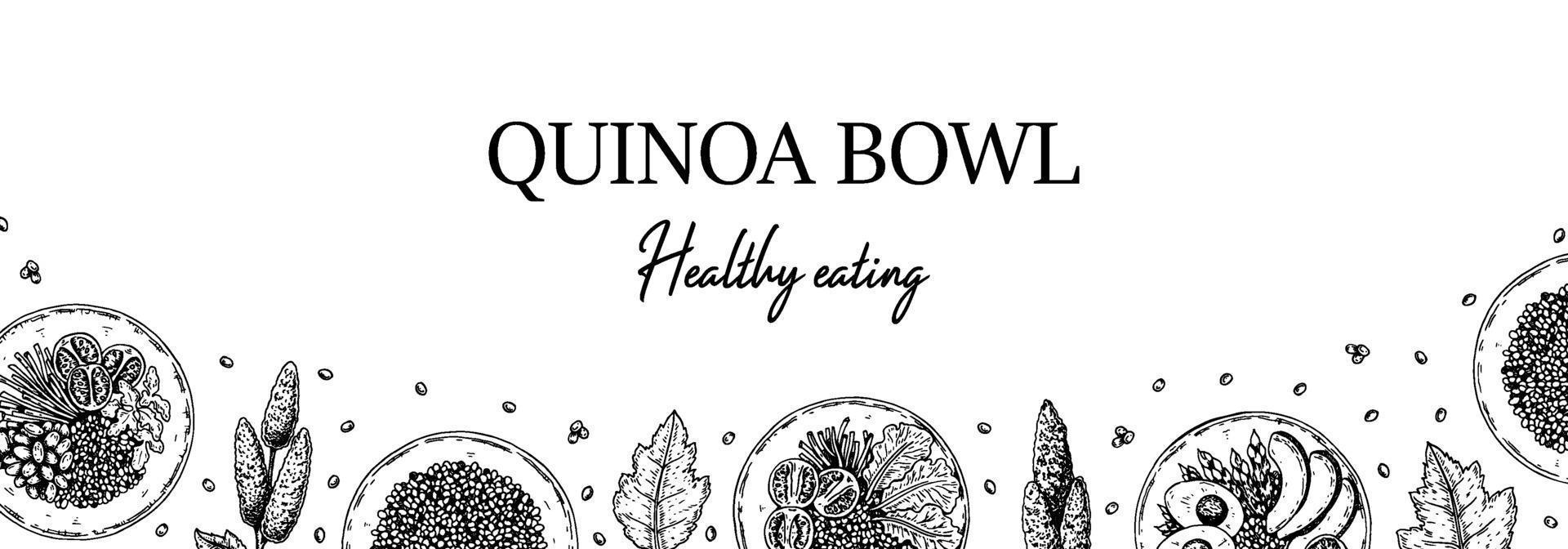 handgezeichnetes horizontales Design der Quinoa-Schüssel. Vektorillustration im Skizzenstil. vektor
