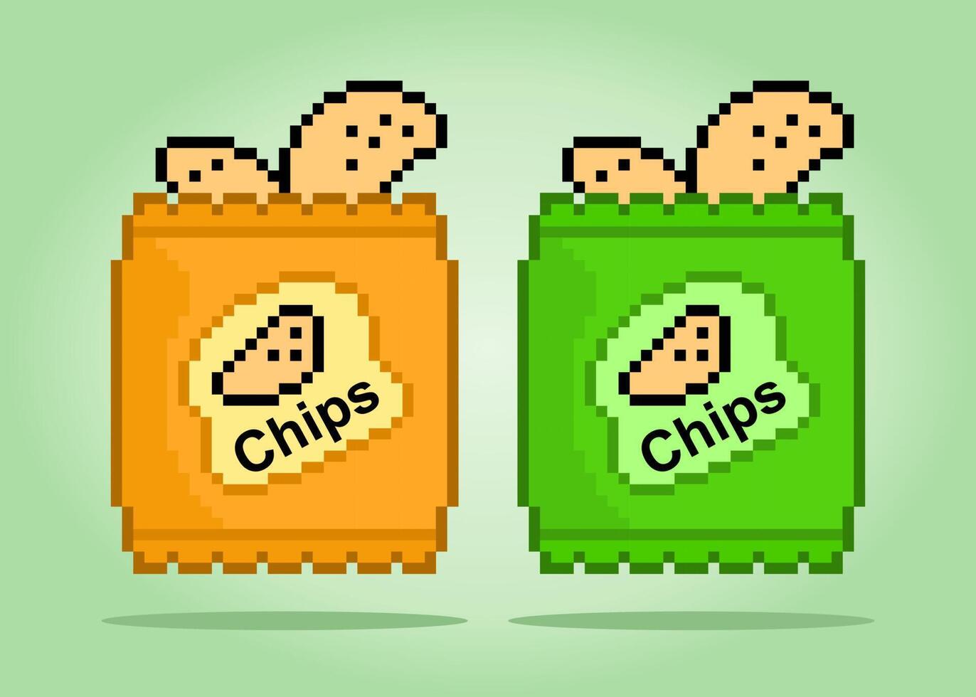 8 -Bit Pixel Snacks. Verpackung Lebensmittel, Chips Kartoffel zum Spiel Vermögenswerte im Vektor Illustrationen.