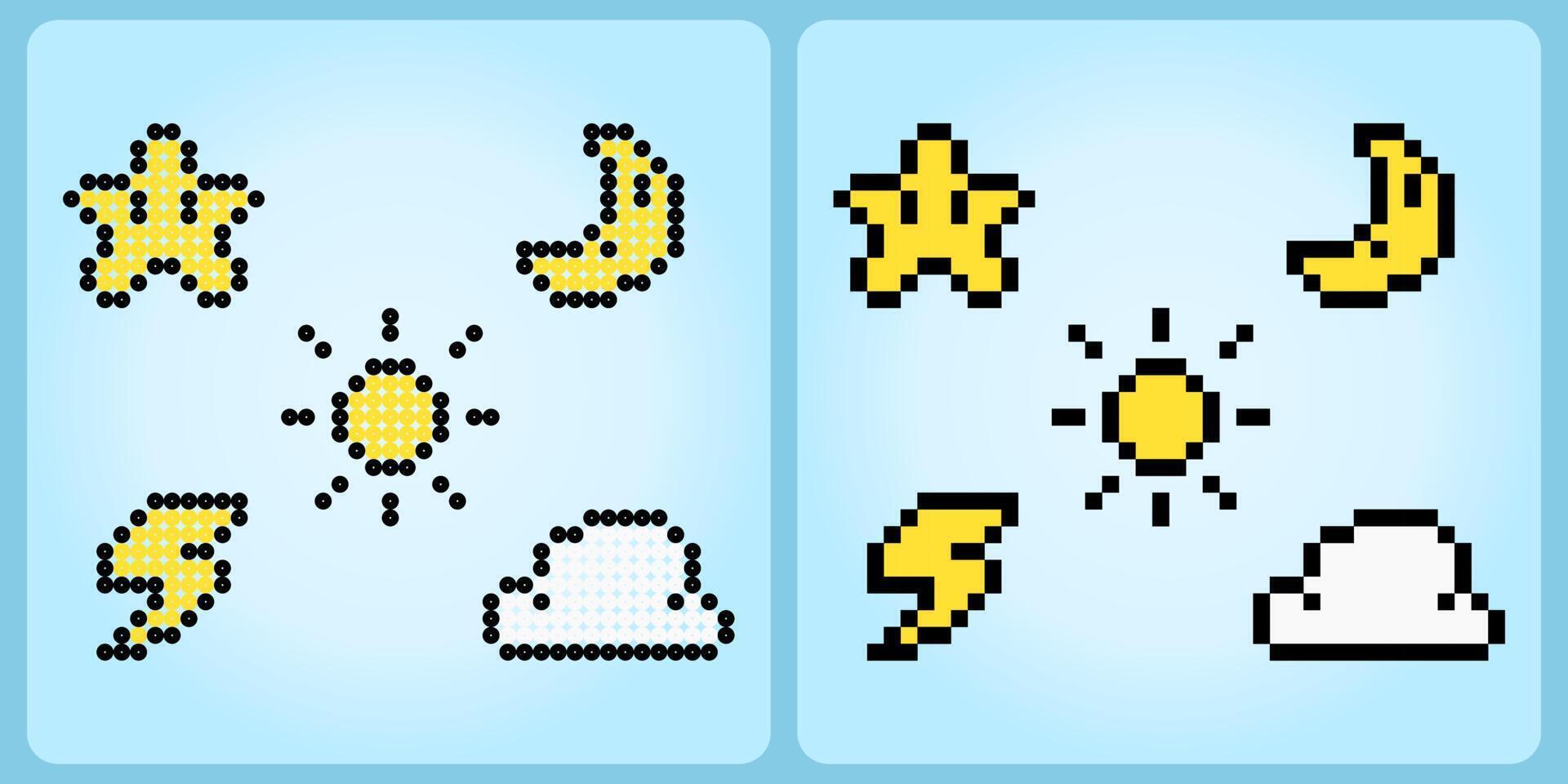 8 Bit Pixel, ui Natur Symbol Symbol. Stern, Mond, Sonne, Blitz und Wolke Symbol im Vektor Abbildungen