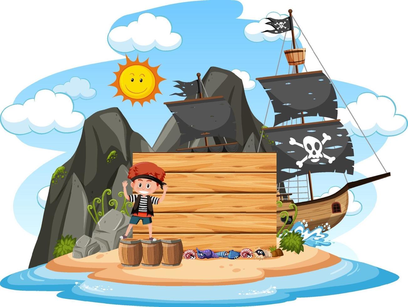 Pirateninsel mit einem leeren Banner lokalisiert auf weißem Hintergrund vektor