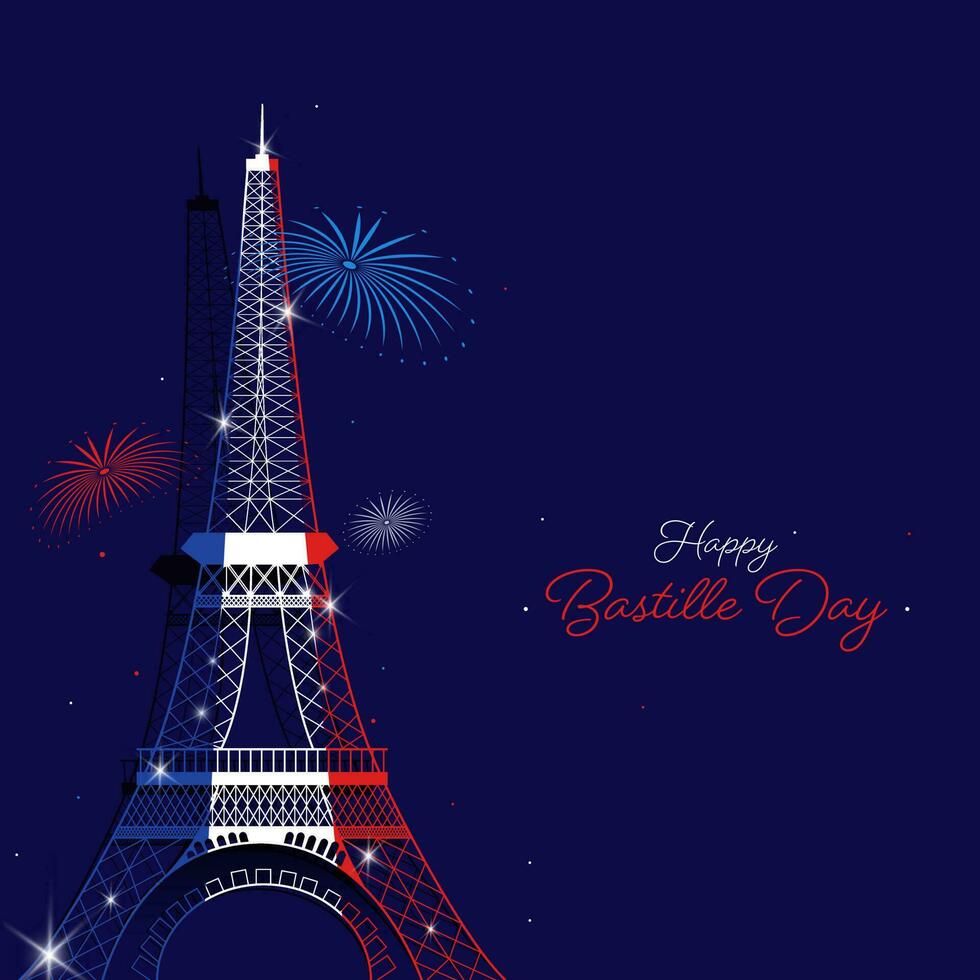 Frankreich Flagge Farbe Eiffel Turm Monument mit Feuerwerk auf lila Hintergrund zum glücklich Bastille Tag Feier Konzept. vektor