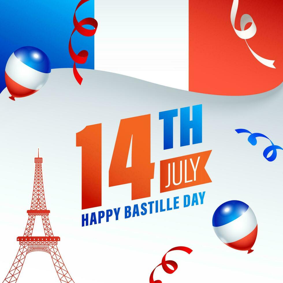 14:e juli Lycklig bastille dag text med eiffel torn monument, band och glansig ballonger på abstrakt Frankrike flagga bakgrund. vektor