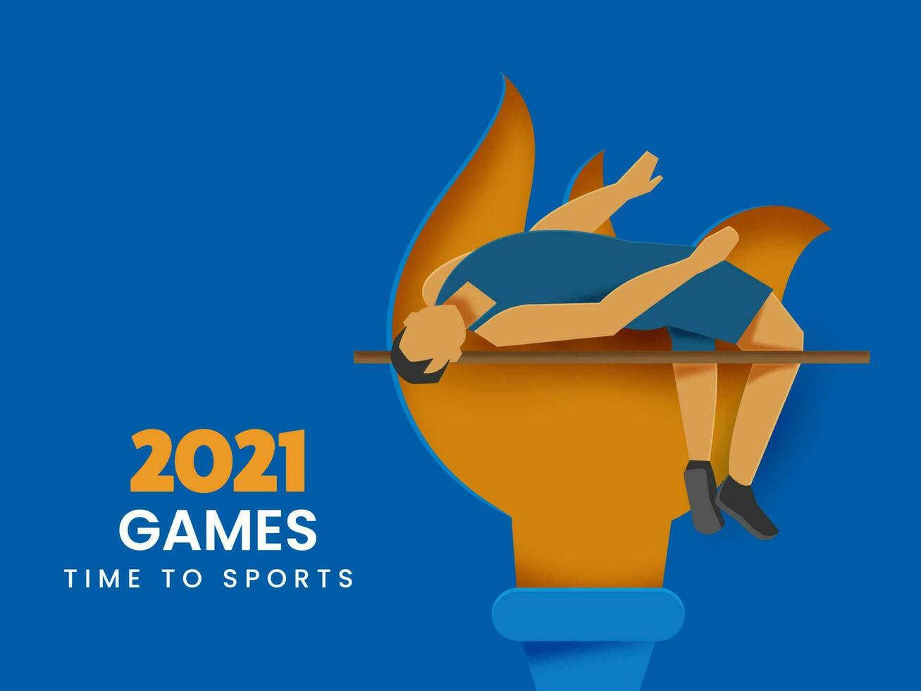 2021 Spiele Zeit zu Sport Konzept mit gesichtslos hoch Jumper Papier Schnitt flammend Fackel Hintergrund. vektor
