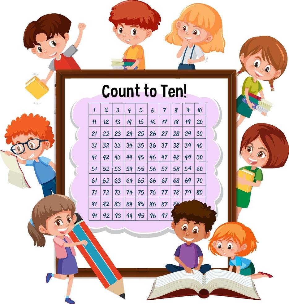 Zählnummer 1 bis 100 Tafel mit vielen Kindern vektor