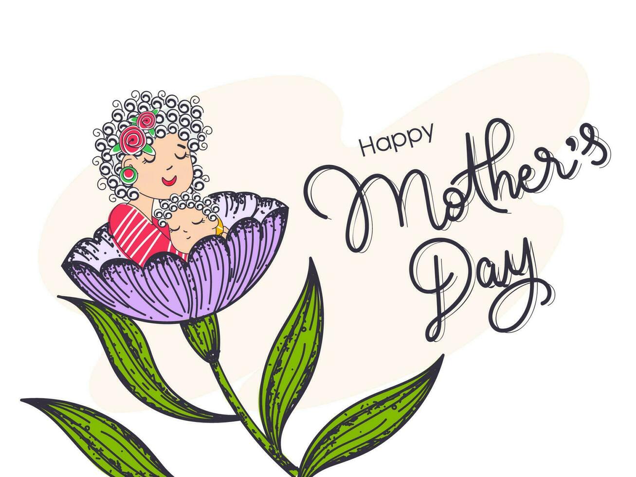 Mutter umarmen ihr Baby im Blume mit Blätter auf Weiß Hintergrund zum glücklich Mutter Tag Feier Konzept. vektor