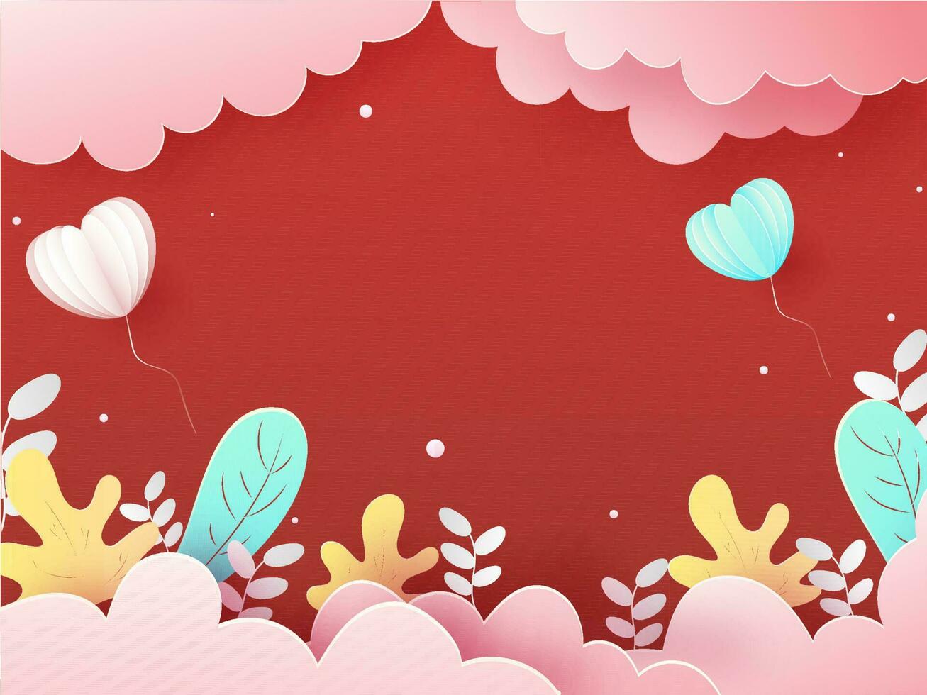Papier Schnitt Stil wolkig rot Hintergrund mit Herz geformt Luftballons und Herbst Blätter. vektor