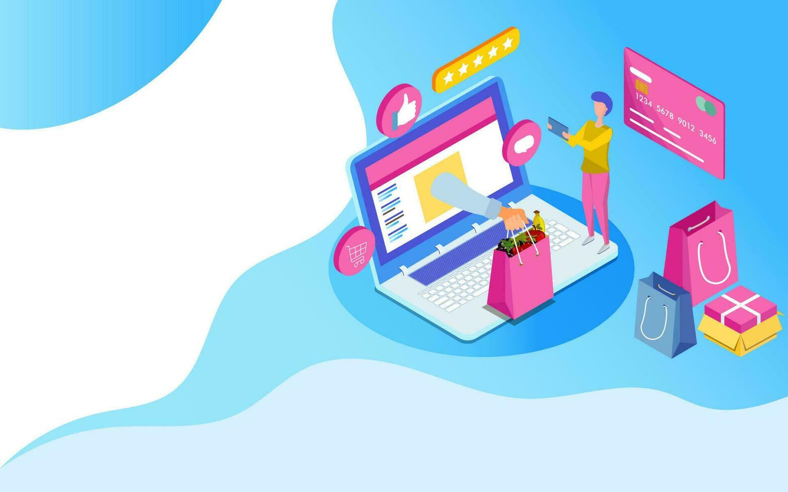 3d Illustration von online Früchte Bestellung App im Laptop mit Zahlung Karte und Geschenk Box zum online Einkaufen oder schnell Lieferung Konzept. vektor