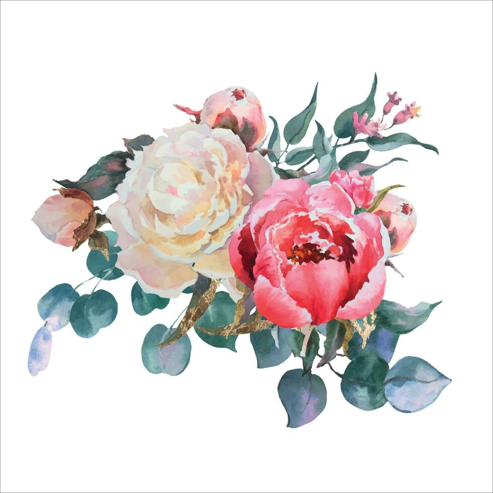 Aquarell Vektor Blumen- Illustration isoliert auf Weiß Hintergrund. Weiß und Rosa Pfingstrosen, Grün Blätter, Eukalyptus Geäst. Strauß perfekt zum Drucken Design auf Einladungen, Karten.