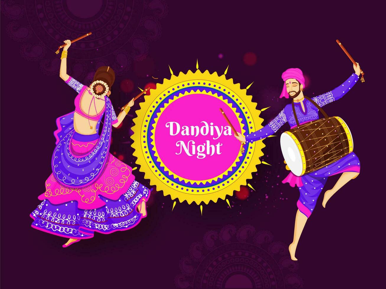 Illustration von Frau Tanzen mit Dandiya Stock und Schlagzeuger spielen Trommel auf lila Bokeh Beleuchtung Hintergrund zum Dandiya Nacht Poster oder Banner Design. vektor
