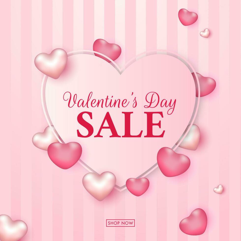 hjärtans dag försäljning text i hjärta form dekorerad med rosa glansig hjärtan på randig bakgrund för reklam begrepp. vektor