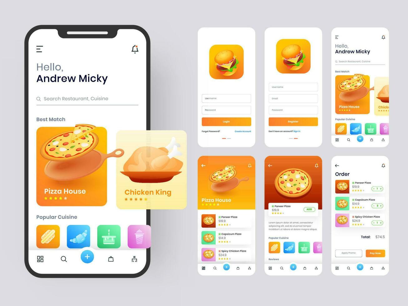 Essen Handy, Mobiltelefon App ui Kit einschließlich Zeichen hoch, Essen Speisekarte, Buchung und Zuhause Bedienung Art Rezension Bildschirme. vektor