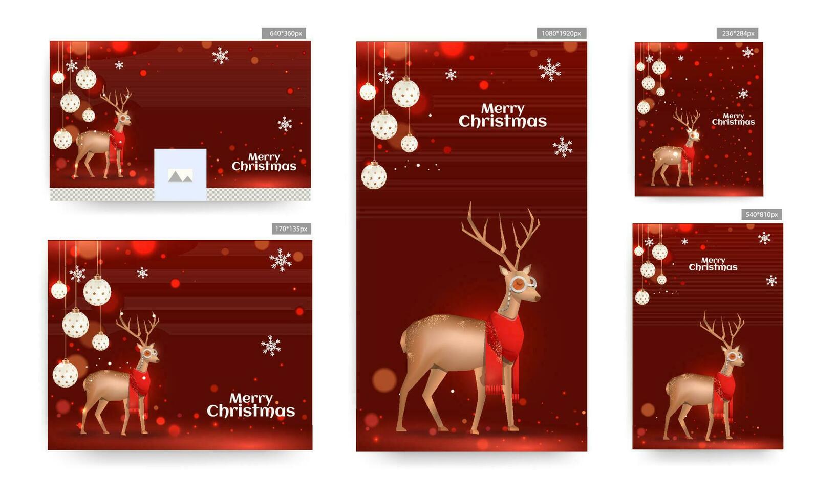 uppsättning av glad jul firande affisch och mall design med gyllene ren bär scarf och hängande grannlåt på röd bokeh effekt bakgrund. vektor
