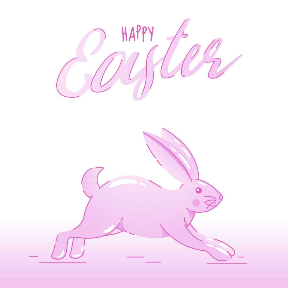 Lycklig påsk font med söt kanin löpning på rosa och vit bakgrund. vektor