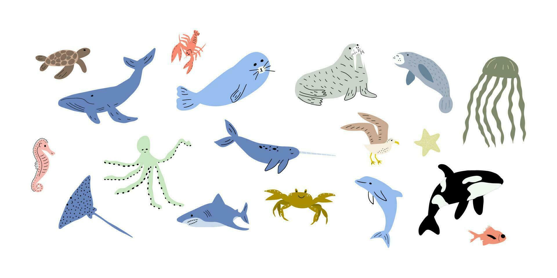 Meer Tiere. süß Wasser- Fisch, Schildkröte, Wal, Narwal, Delfin, Krake, Seestern, Krabbe, Qualle, Siegel und andere. Kinder Vektor Illustration.