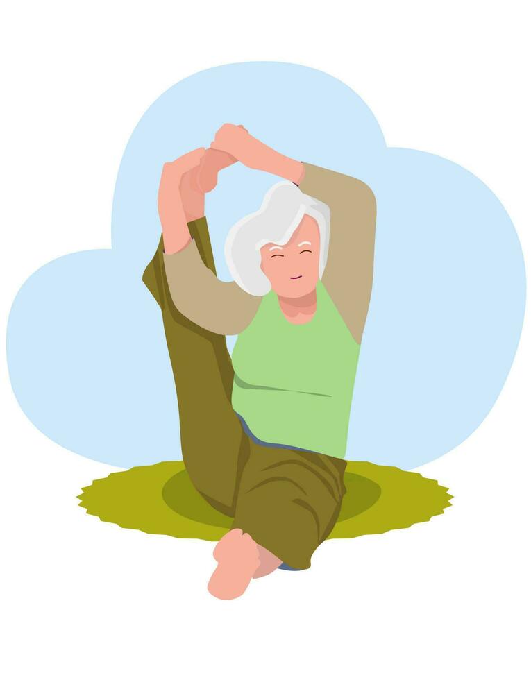 tolle Karikatur alt Dame im ein Yoga Pose auf ein Matte beim heim. Yoga ausüben. Vektor Illustration von ein Frau. alt Dame und glücklich Frau Dehnen ihr Bein im Schnur nach oben