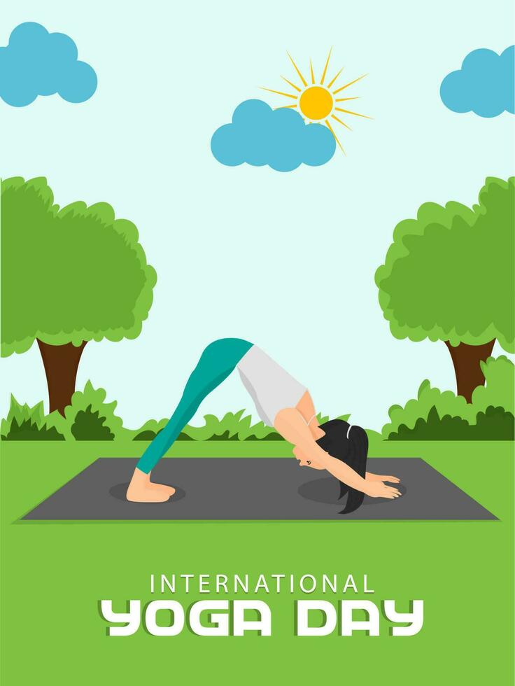 International Yoga Tag Poster oder Flyer Design mit Illustration von ein Frau tun Asana auf natürlich Aussicht Hintergrund. vektor