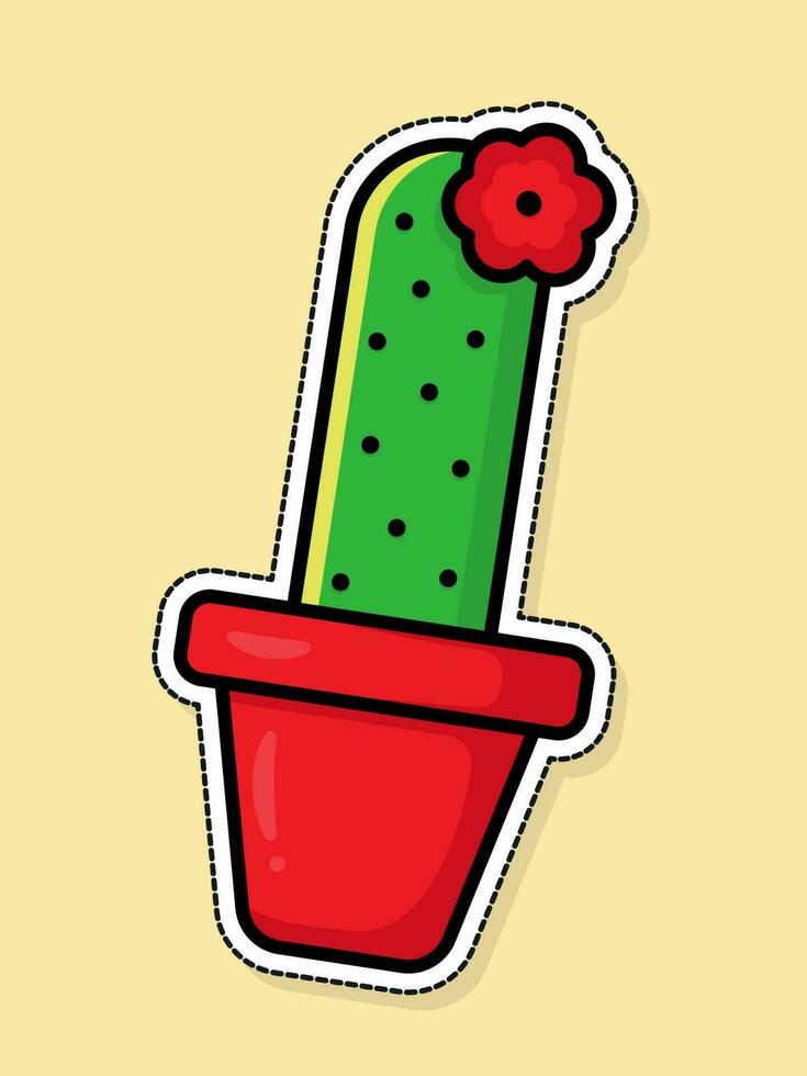 Karikatur eben Kaktus. Grün Kaktus im ein rot Blume Topf. Vektor Aufkleber. Vektor Illustration.